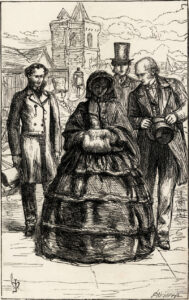 A woman in Victorian crinoline in the foreground has three men behind her, and the town main street in the background.
